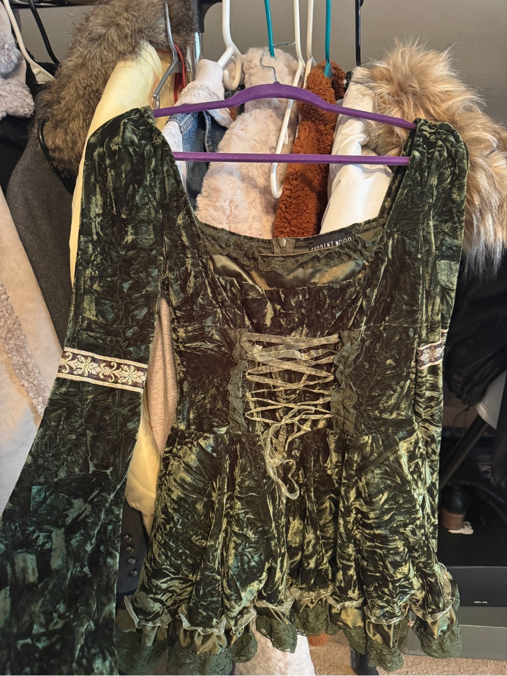 Current Mood Olive Green Velvet Lace-Up Mini Dress